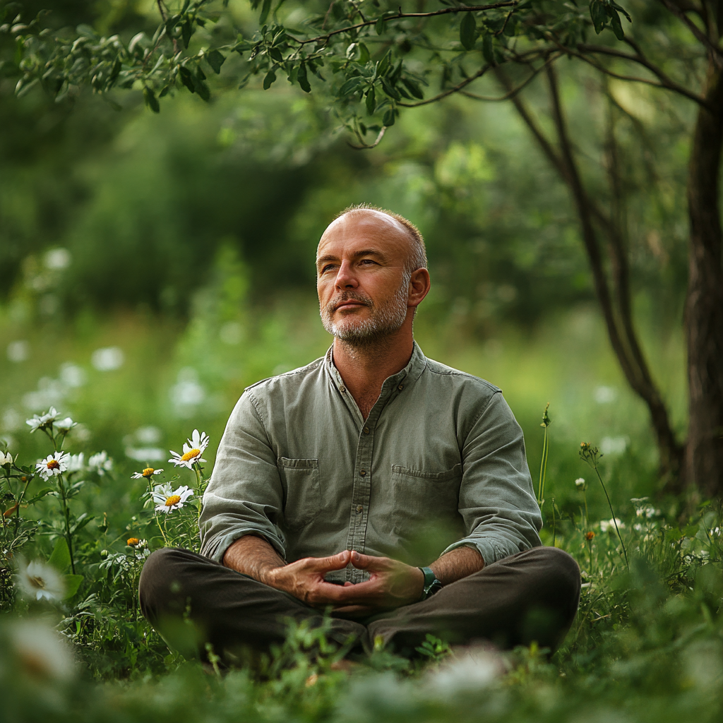 Медитація на природі: людина сидить у позі лотоса серед зелених дерев і квітів