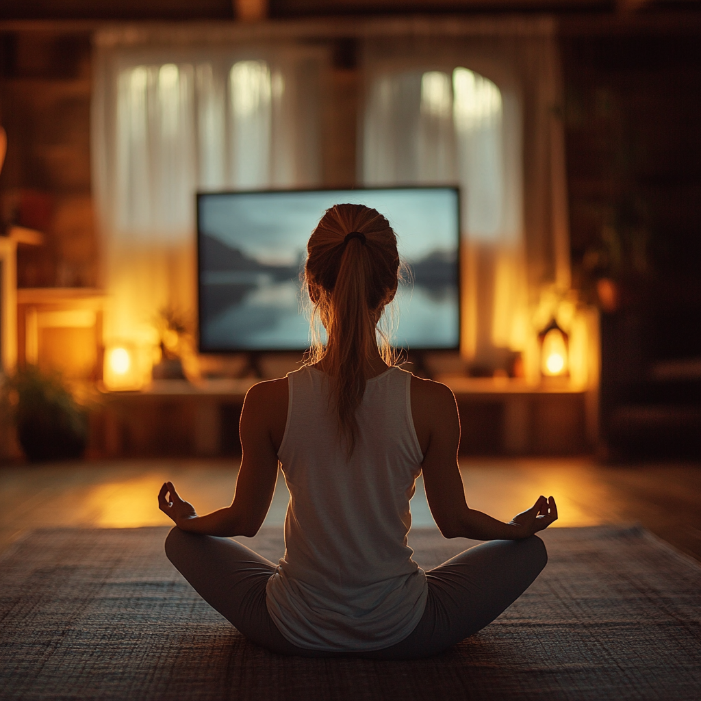 Жінка займається йогою вдома, дивлячись на онлайн-урок на планшеті, затишна обстановка